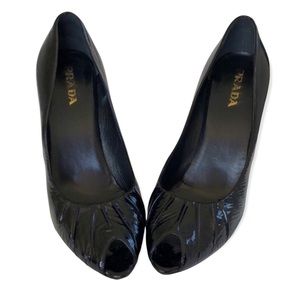 PRADA Black Patent Leather Peep Toe Heel Pumps